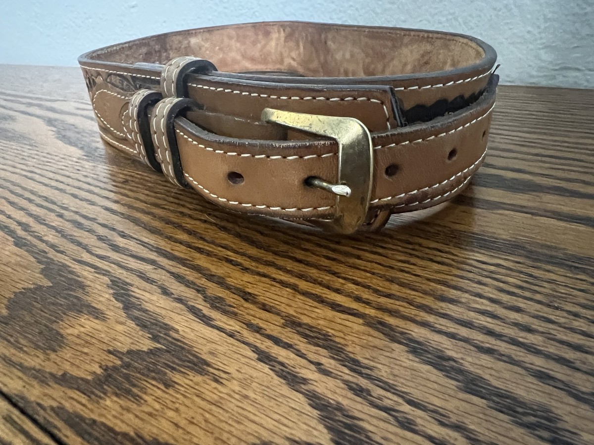 Vintage Nocona Belt Mens Size 30 Tooled Leather Brass Buckle 