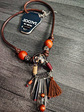 SALOOS Brown Bohemian Cord Tassel Pendant Necklace Wood/Leather Adjustable