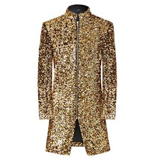 Gold Sequins Performance Jacket Men Dancer Midi Coat Formal Evening Gown Banquet
