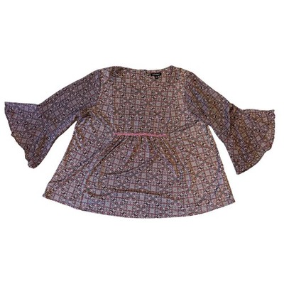 Roz & Ali 2X Boho Tunic Top Bell Sleeves Geometric Print Red Pink Black