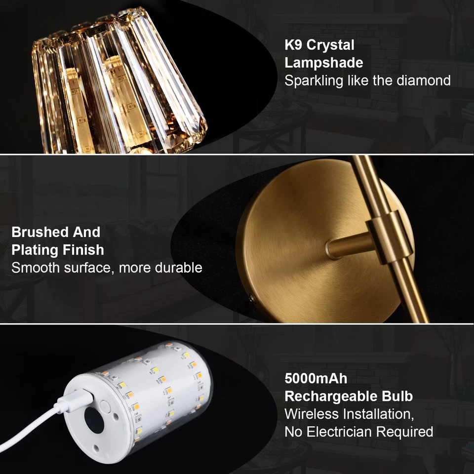 Juego de 2 apliques de pared de cristal a batería, ámbar recargables inalámbricos Wa... Foto 4 de 4