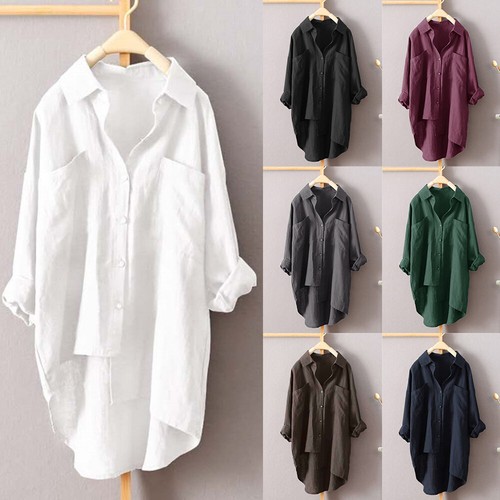 HOT Women Solid Button Long Sleeve Shirt Baggy Loose Shirt Dress Blouse Top Tee