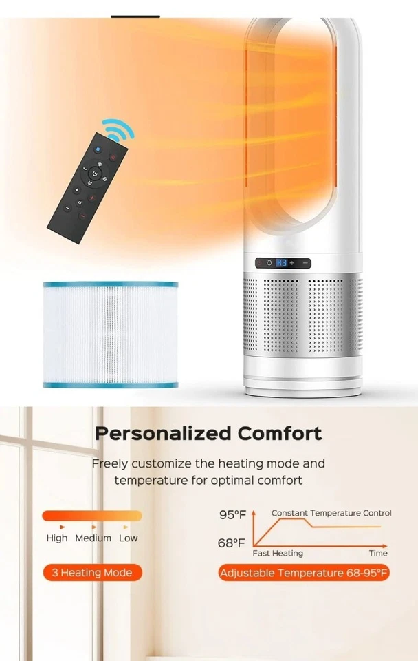 3 In 1 Cool&Hot  Purifier Bladeless Tower Fan Remote Control 2000W Heat 40W Cool - Image 3 of 4