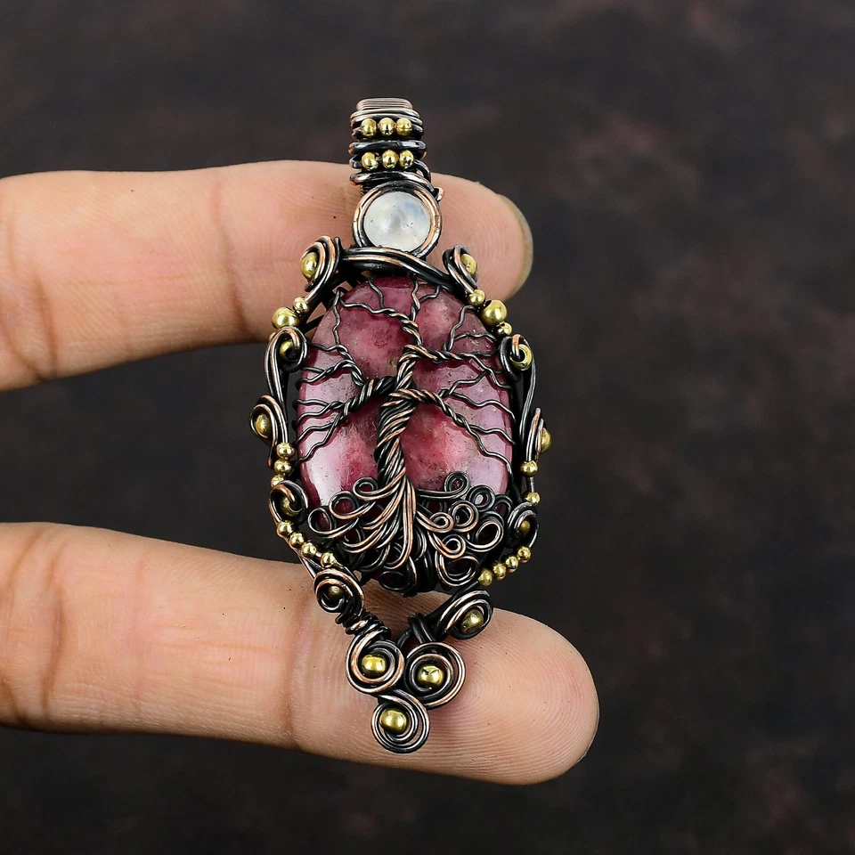 Rhodonite Jewelry Copper Gift For Bestie Wire Wrapped Tree Of Life Pendant 2.76" - Image 3 of 4