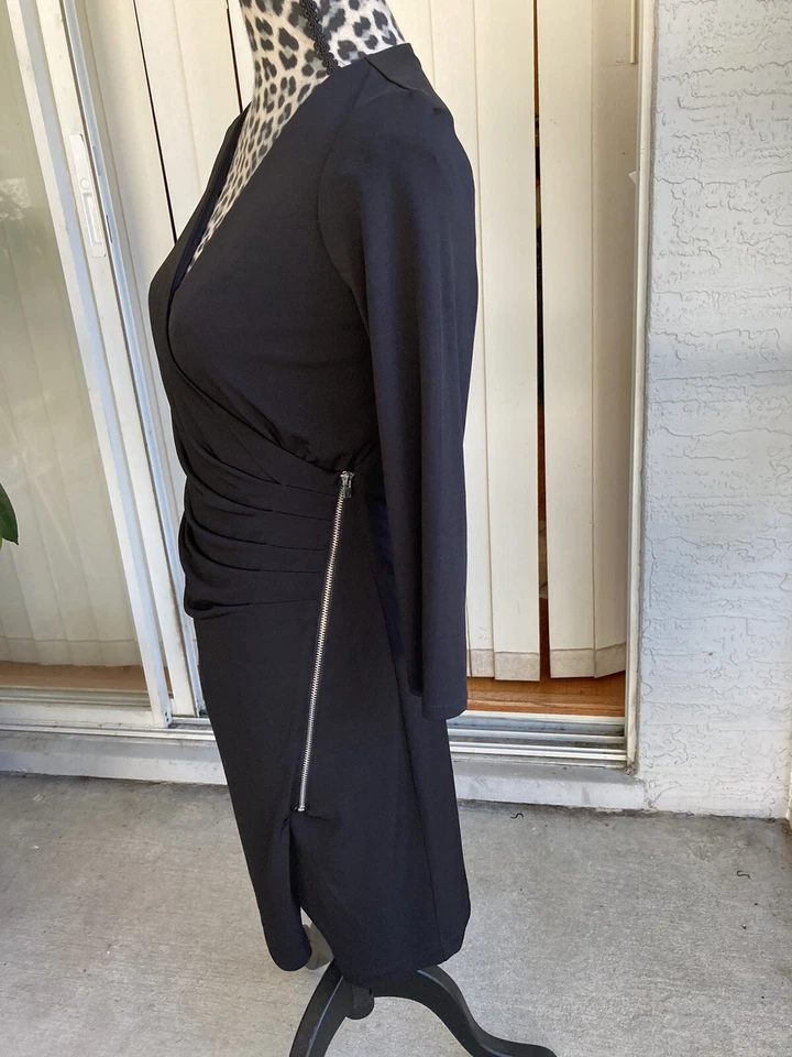 Express Wrap Dress Side Front Zip 3/4 Sleeve VNeck Black small (I2045) - Image 3 of 4