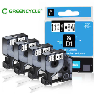 45013 S0720530 Label Tape Compatible for Dymo 12mm Black/White Waterproof 4Packs