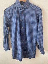 Eton Men  s Blue Check Button Up Slim Fit Tapered Cotton Shirt Size 15/38