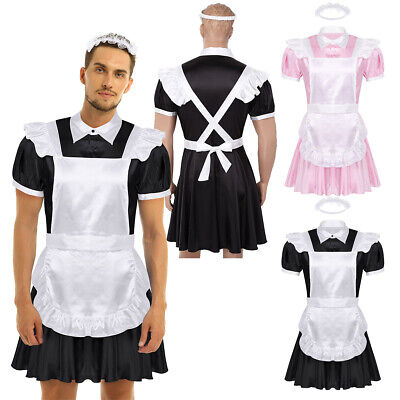 3pcs Mens Sissy Girl Maid Uniform Cosplay Costume Satin Dress Fancy Dress Outfit 