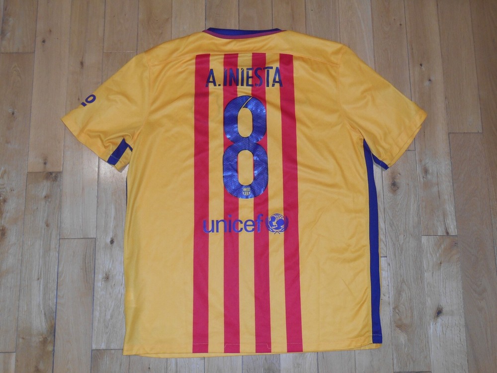 Nike ANDRÉS INIESTA FC BARCELONA 2015 Away Soccer Futbol FCB Jersey Kit Mens XL