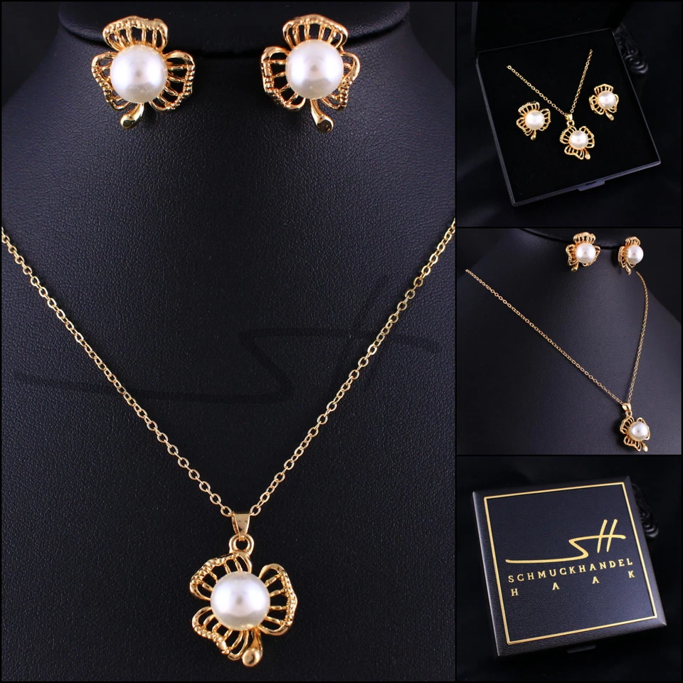 Schmuckset Kette Ohrstecker *Perle Blume* Gold im Etui Damen Weihnachtsgeschenk