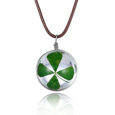 Charm Real Green Lucky Shamrock Clover Four Leaf Round Pendant Necklace Friends