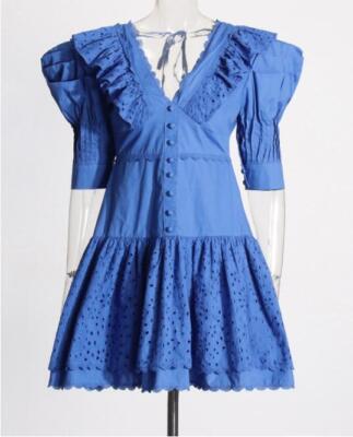 Womens 2024 Fashion V Neck Puff Sleeve Cutout Flabala Short A Line Dress |  eBay