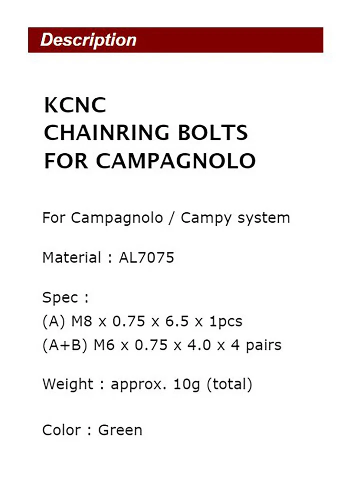 NEW KCNC CRANK CHAINRING BOLTS SCREWS FOR CAMPY CAMPAGNOLO AL7075, GREEN - Image 2 of 4