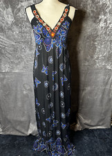 Julia Maxi Dress S/M Black Beaded V Neck Butterfly Ruched Back Boho Silk Blend