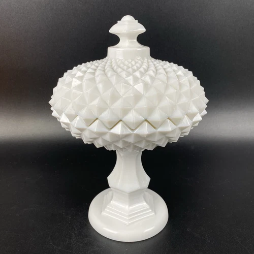 VTG Westmoreland White Milk Glass Sawtooth Diamond Covered Candy Compote 9”