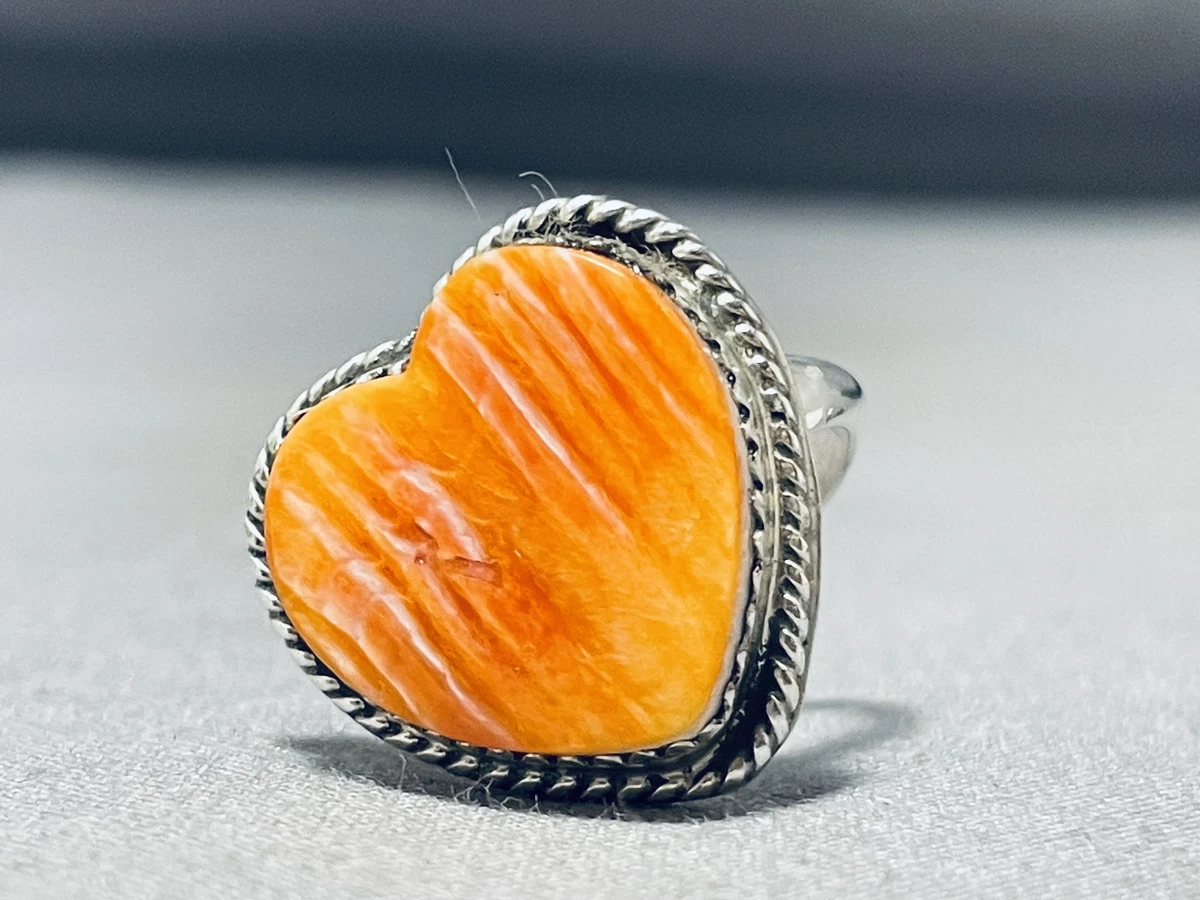 SPECTACULAR NAVAJO ORANGE SPINY OYSTER STERLING SILVER HEART RING