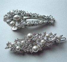 Cubic Zirconia and White Pearl Barrette and Matching Hair Clip NWT