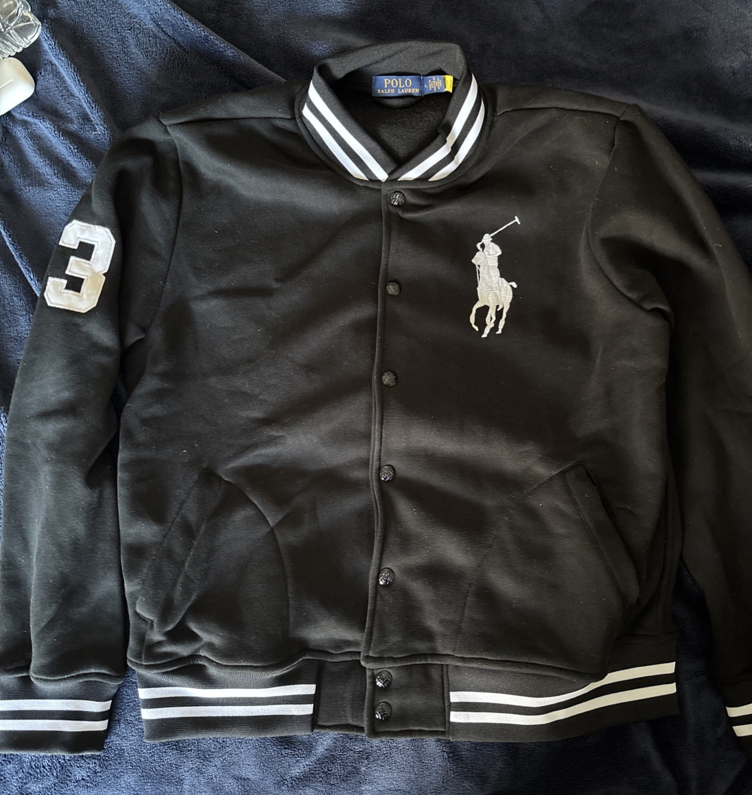 Polo Ralph Lauren Black Fleece Baseball Jacket Big Pony Sz. L