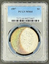 1887 Morgan Silver Dollar PCGS MS64 Crescent Rainbow Toned 