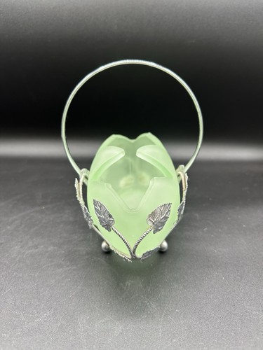 Bagley 1930's Art Nouveau Green Satin Glass and Chrome Tulip Posy Small Vase - Picture 2 of 9