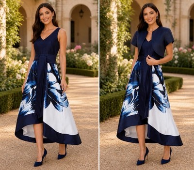 Roman 16 Dress 18 Bolero Blue and White Floral Dip Hem Mother of Bride Wedding.