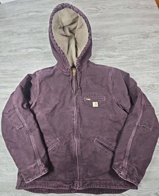 Carhartt Jacket Womens LRG 12-14 WJ141 DWN Deep Wine Canvas Sherpa Hooded Coat