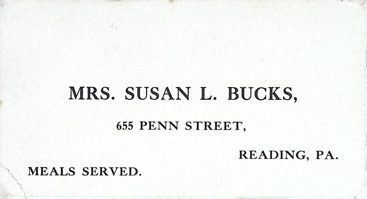 Antique Mrs Susan L Bucks Reading PA Trade Card Boarding House Advertising