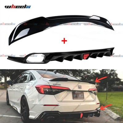 Glossy Black Rear Trunk Spoiler & Rear Diffuser Bumper For 2022-2026 Honda Civic