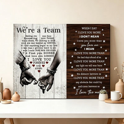 We're A Team Couple Holding Hands Rose Wooden Canvas Wall Art, Romantic Decor
