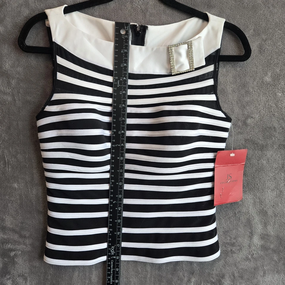 JS Collections Sheer Black White Ribbon Top Boat Neck Striped Size 4 Y2K - Image 4 of 4