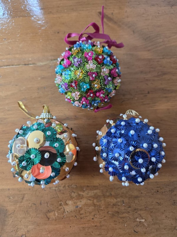 3 Vintage Satin Pearl, Beaded Sequin Ornaments Push Pin