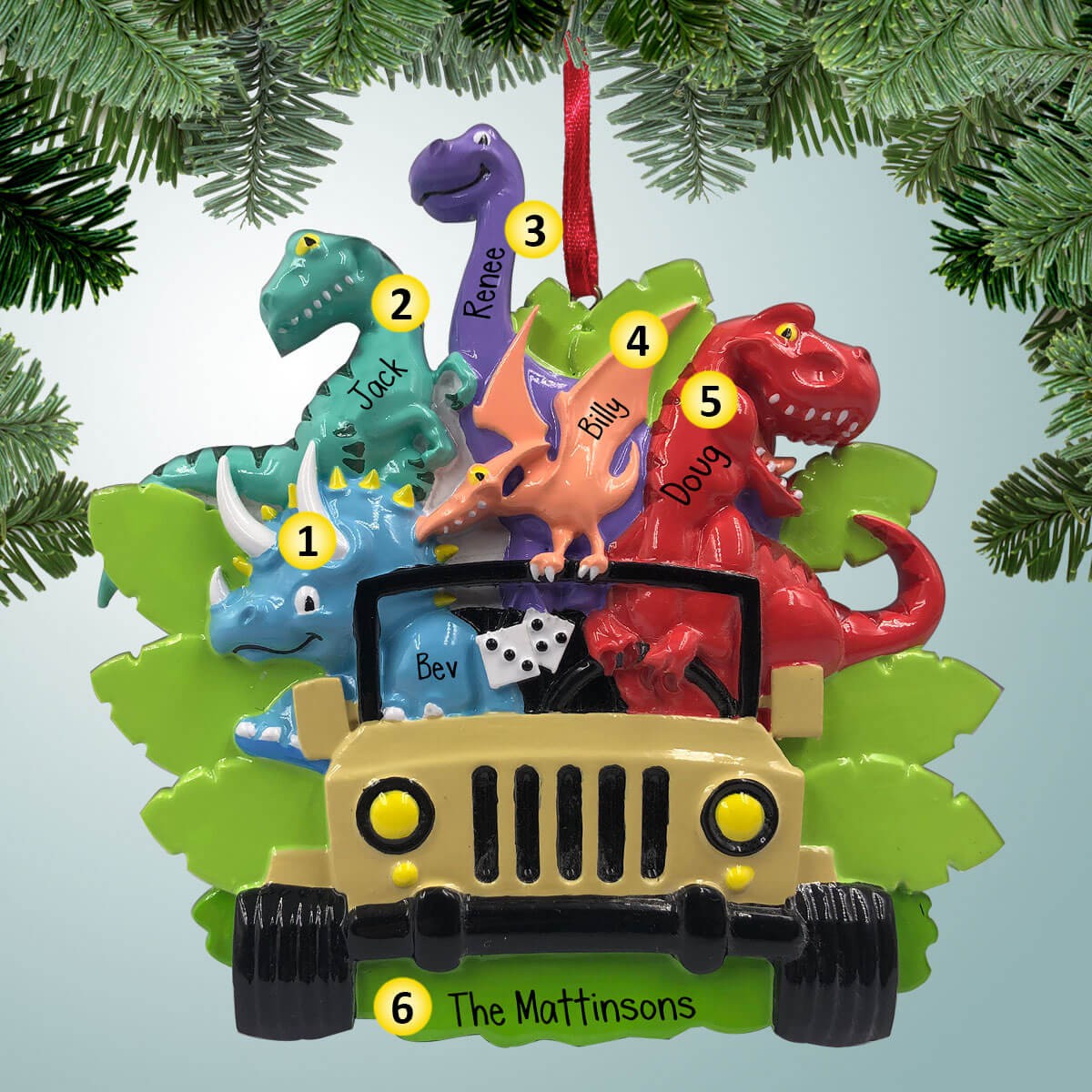 Dinosaur Family - Family of 5 - Personalized Christmas Ornament