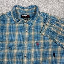Ariat FR Shirt Mens Size 4XL Blue Plaid Pearl Snap Pocket Long Sleeve Cat 2 FLAW