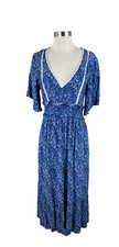Zara Blue Paisley Printed Half Sleeve Crochet Detail Tiered Midi Dress Size Med