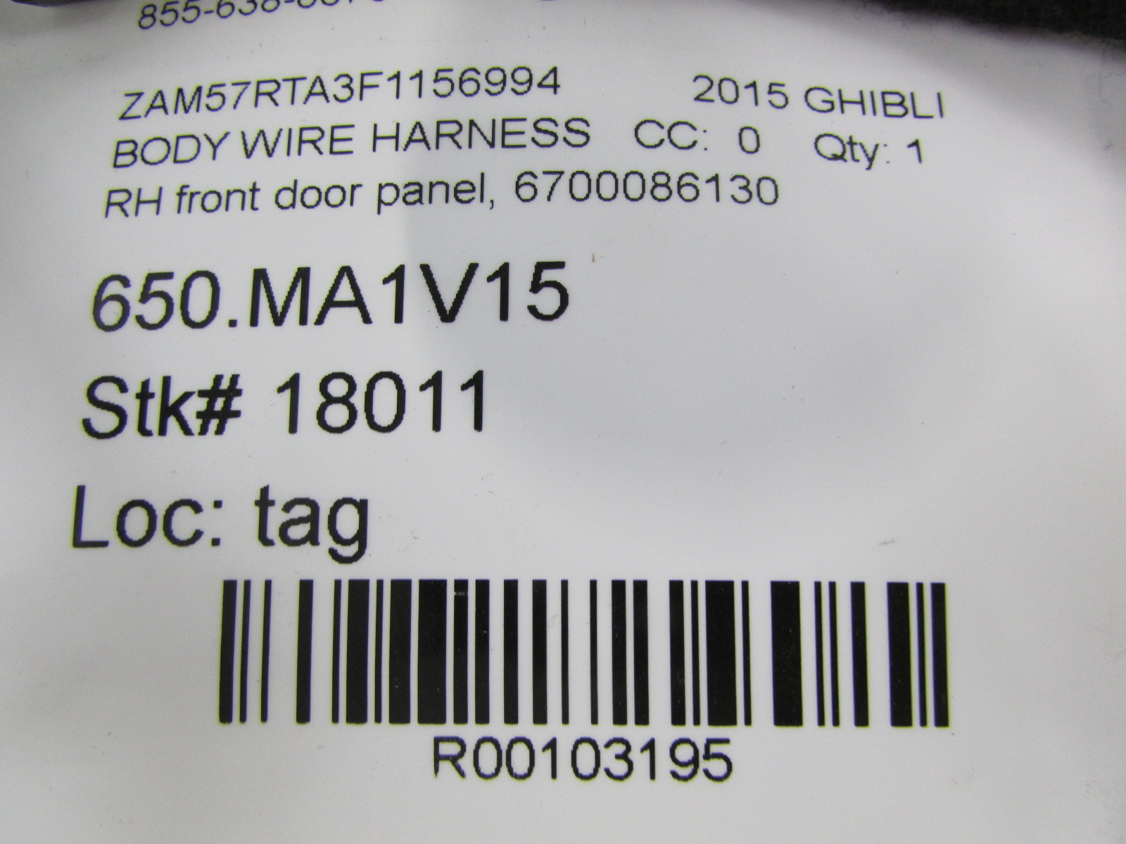 Maserati Ghibli, RH, Front Front Door Wire Harness, Used, P/N 6700086130