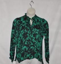 V-neck Woven Blouse With Ruffle And Tie Size S Green/Black