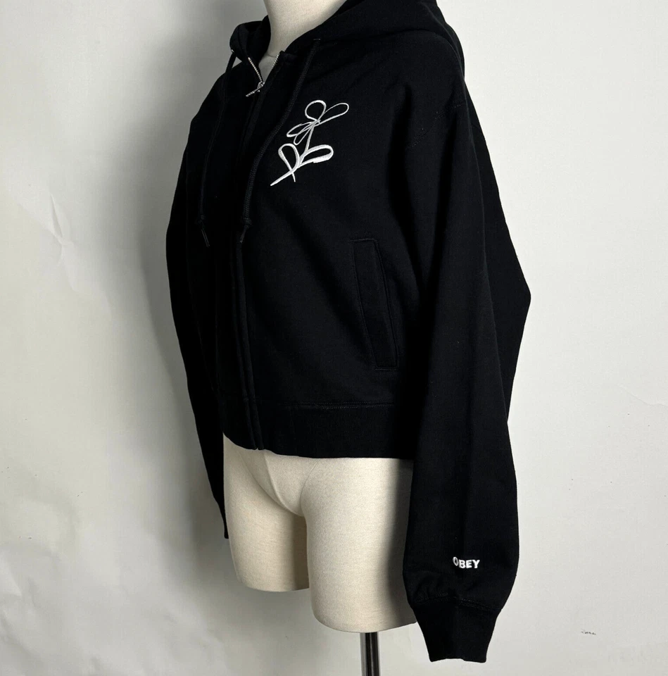 Obey 女式短拉链连帽衫运动衫粉笔书写黑色 S 码全新花朵 — 第 2/4 张图片