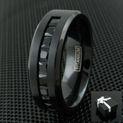 #ad Black Titanium Men#x27;s 1.8 Carat Princess Cut Black CZ Brushed Wedding Band Ring $17.99