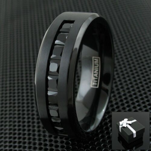 Black Titanium Men's 1.8 Carat Princess Cut Black CZ Brushed Wedding Band Ring - Afbeelding 1 van 6