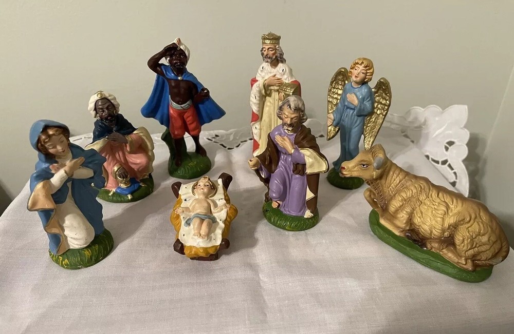 Vintage 8 Pc Nativity Figures Made in Italy 3 Kings Angel Mary Joseph Ox Baby