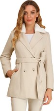 Allegra K Women's Faux Fur Collar Coat Double Breasted Belted Winter Overcoat Xl