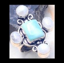 NEW - LARIMAR  MOONSTONE ANTIQUE SILVER RING SIZE 7.5