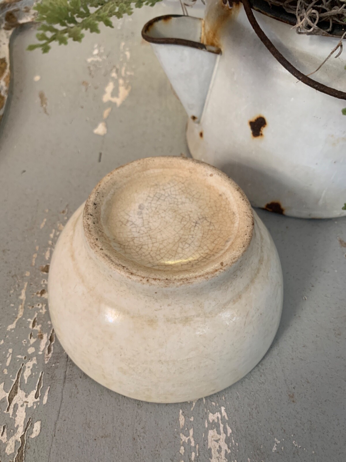 Antique Ironstone Footed Bowl Heavy Chunky Farmhouse Stained Patina