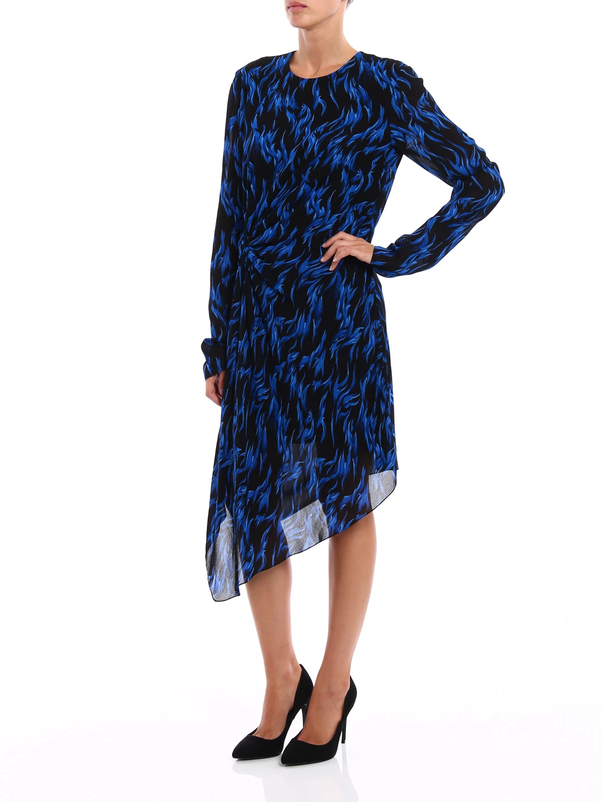 SAINT LAURENT (YSL) Abito asimmetrico in crepe seta SAINT LAURENT blu fiamma nera stampa asimmetrica 12 US 44IT