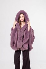 Women's New Violet Purple Cashmere Wool Wrap Cape Fox Fur Hood