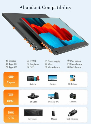 EVICIV 15.6" 1200:1 Portable Monitor 2*USB C Port For PS6 Mobile Phone Gaming US - 第 2/11 張圖片