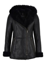 Ladies Sheepskin Jacket Shearling B3 Flying Black Genuine Fur Hoodie Jacket Nv39