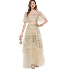 Embroidery Womens Short Flare Sleeve Ruffle Mesh A Line Long Dress Evening Party