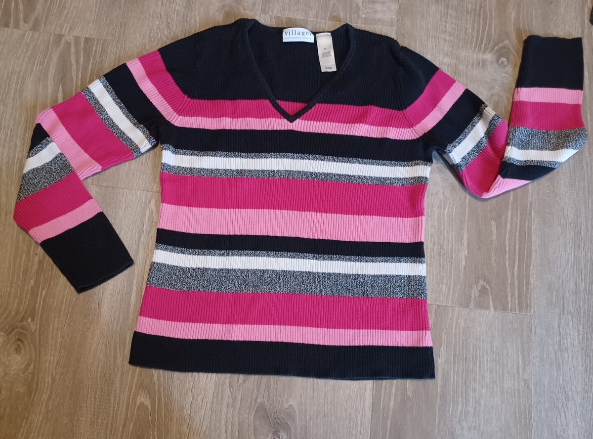 Women's Villager Striped V-Neck Long Sleeve Sweater Sz M Pink