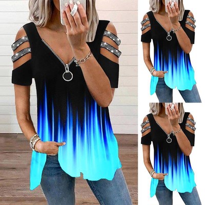 Womens Zipper V-Neck Tunic Tops T Shirt Gradient Cold Shoulder Blouses Beach Tee